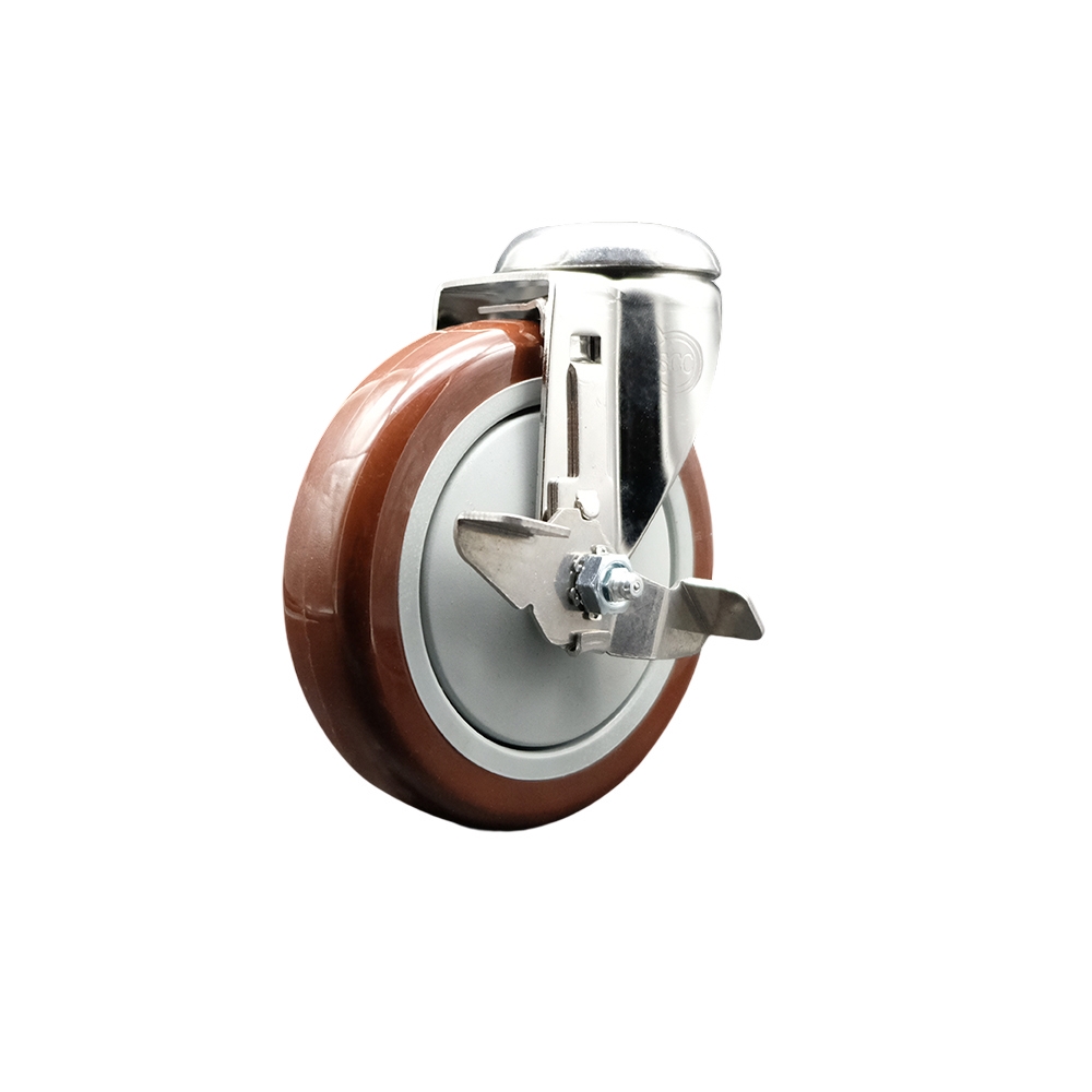 Polyurethane Swivel Bolt Hole Caster with 5 Inch Maroon Caster Wheel and Top Lock Brake - 316 Stainless Steel Caster - 350 lbs. Capacity Per Caster - Service Caster Brand — photo 1