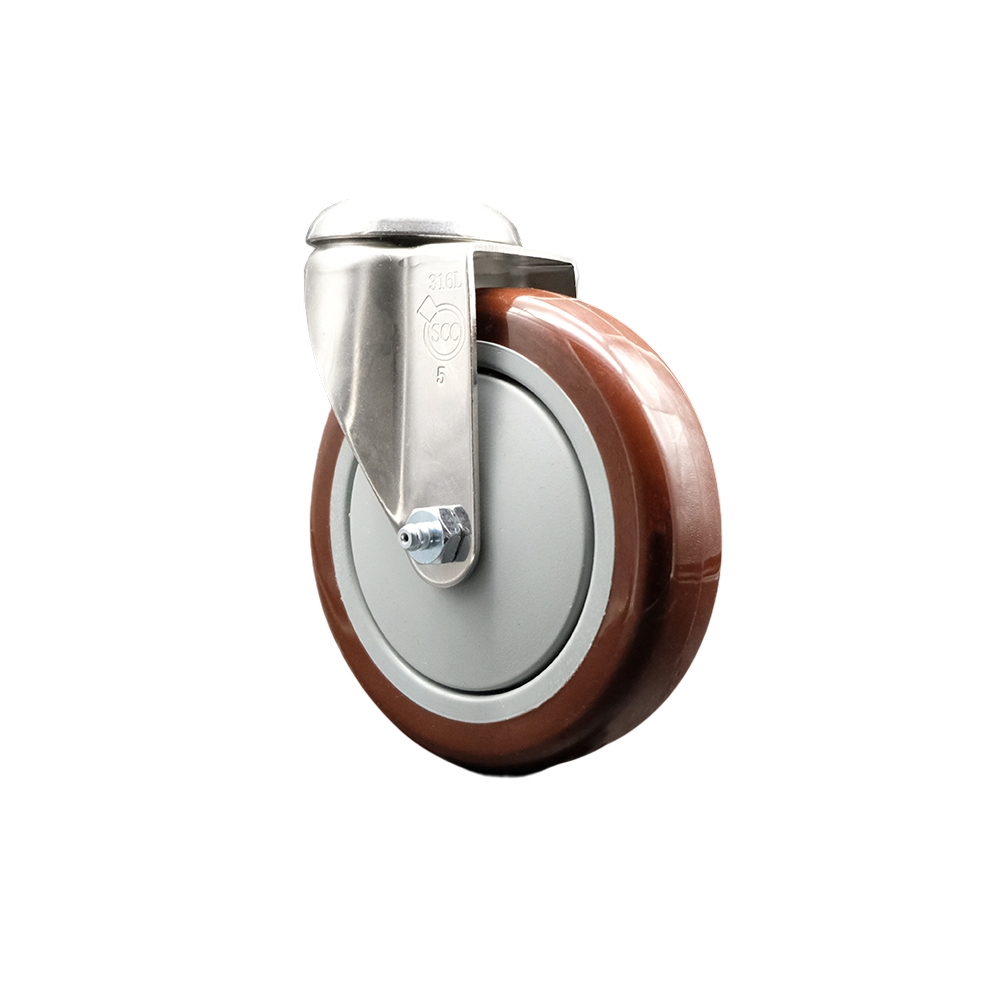 Polyurethane Swivel Bolt Hole Caster with 5 Inch Maroon Caster Wheel - 316 Stainless Steel Caster - 350 lbs. Capacity Per Caster - Service Caster Brand — photo 1