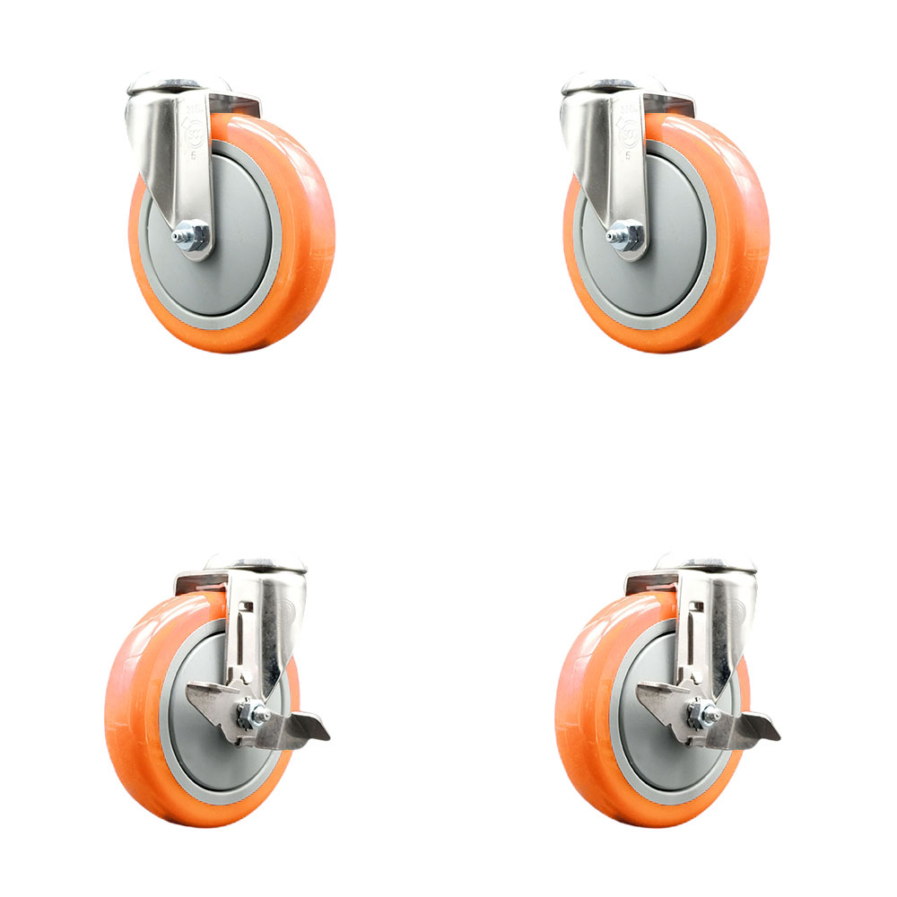 Polyurethane Swivel Bolt Hole Caster Set of 4 with 5 Inch Orange Caster Wheels - 316 Stainless Steel Casters - Includes 2 Swivel with Top Lock Brakes and 2 Swivel - Service Caster Brand — photo 1