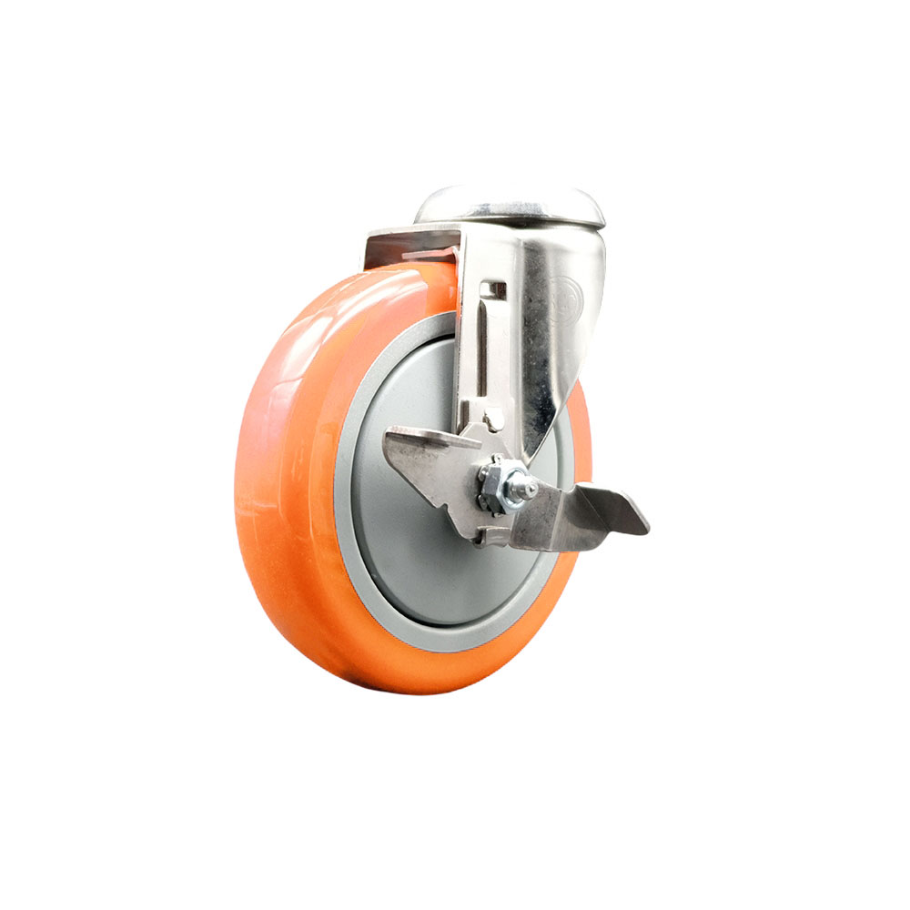 Polyurethane Swivel Bolt Hole Caster with 5 Inch Orange Caster Wheel and Top Lock Brake - 316 Stainless Steel Caster - 350 lbs. Capacity Per Caster - Service Caster Brand — photo 1