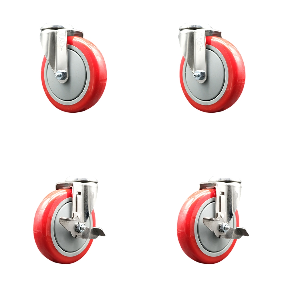 Polyurethane Swivel Bolt Hole Caster Set of 4 with 5 Inch Red Caster Wheels - 316 Stainless Steel Casters - Includes 2 Swivel with Top Lock Brakes and 2 Swivel - Service Caster Brand — photo 1