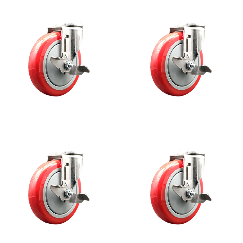 Polyurethane Swivel Bolt Hole Caster Set of 4 with 5 Inch Red Caster Wheels -316 Stainless Steel Casters-Includes 4 Swivel Casters with Top Lock Brakes-1,400 lbs. Total Capacity-Service Caster Brand — photo 1