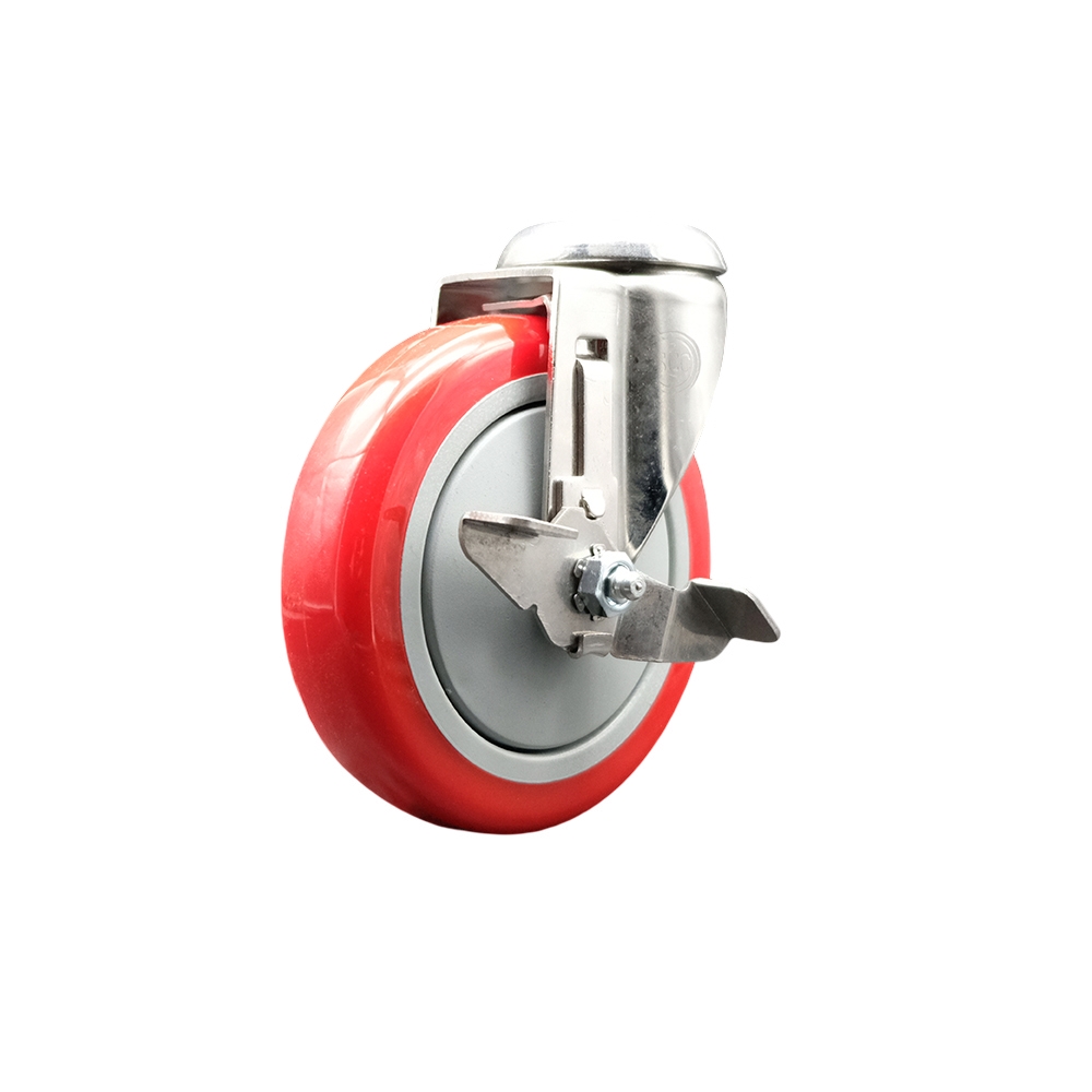 Polyurethane Swivel Bolt Hole Caster with 5 Inch Red Caster Wheel and Top Lock Brake - 316 Stainless Steel Caster - 350 lbs. Capacity Per Caster - Service Caster Brand — photo 1