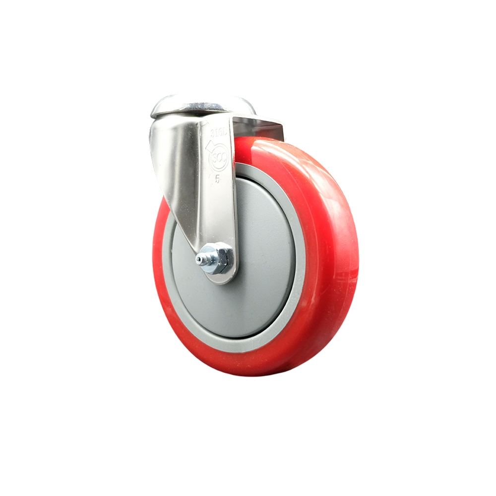 Polyurethane Swivel Bolt Hole Caster with 5 Inch Red Caster Wheel - 316 Stainless Steel Caster - 350 lbs. Capacity Per Caster - Service Caster Brand — photo 1