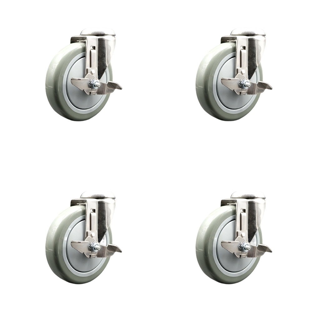 Polyurethane Swivel Bolt Hole Caster Set of 4 with 5 Inch Gray Caster Wheels -316 Stainless Steel Casters-Includes 4 Swivel Casters with Top Lock Brakes-1,400 lbs. Total Capacity-Service Caster Brand — photo 1