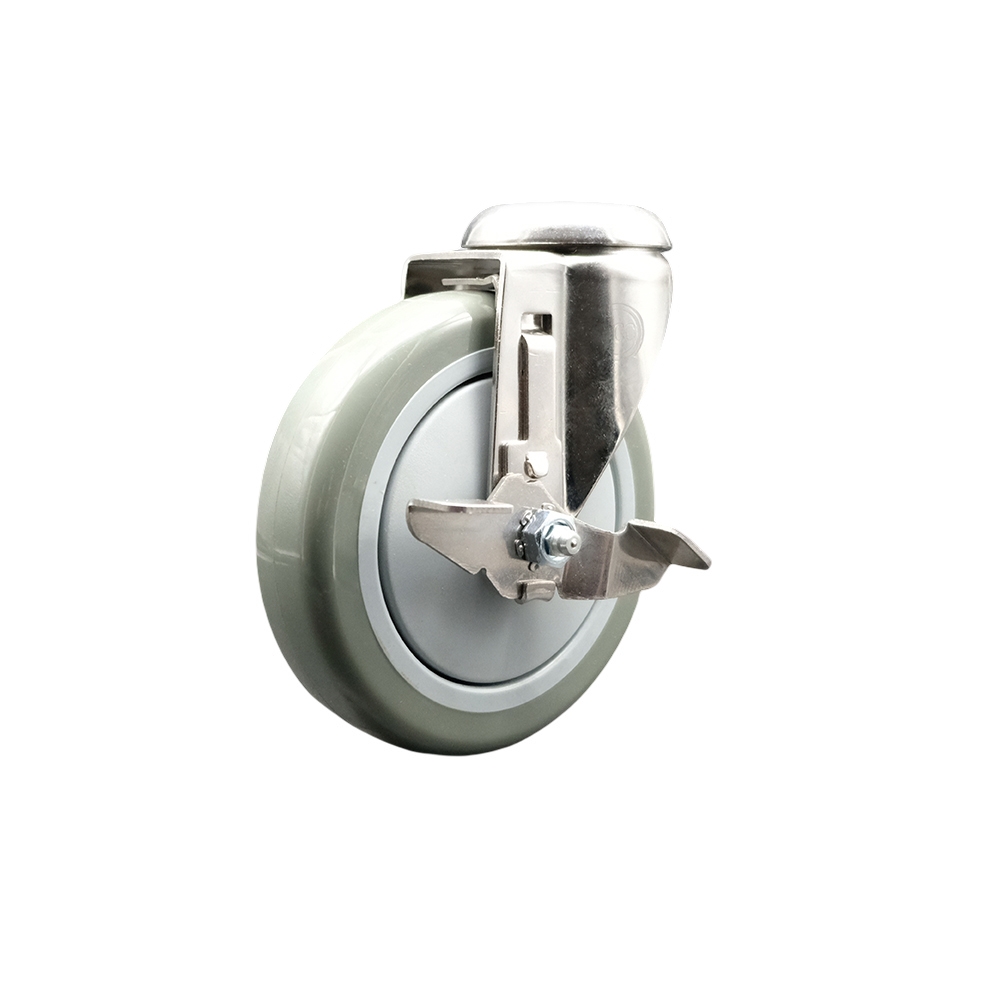 Polyurethane Swivel Bolt Hole Caster with 5 Inch Gray Caster Wheel and Top Lock Brake - 316 Stainless Steel Caster - 350 lbs. Capacity Per Caster - Service Caster Brand — photo 1