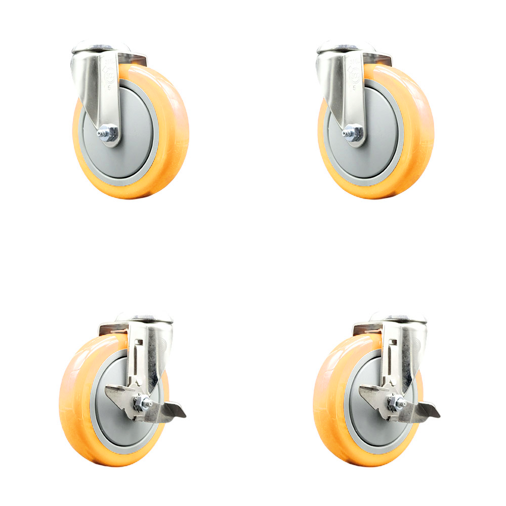 Polyurethane Swivel Bolt Hole Caster Set of 4 with 5 Inch Yellow Caster Wheels - 316 Stainless Steel Casters - Includes 2 Swivel with Top Lock Brakes and 2 Swivel - Service Caster Brand — photo 1