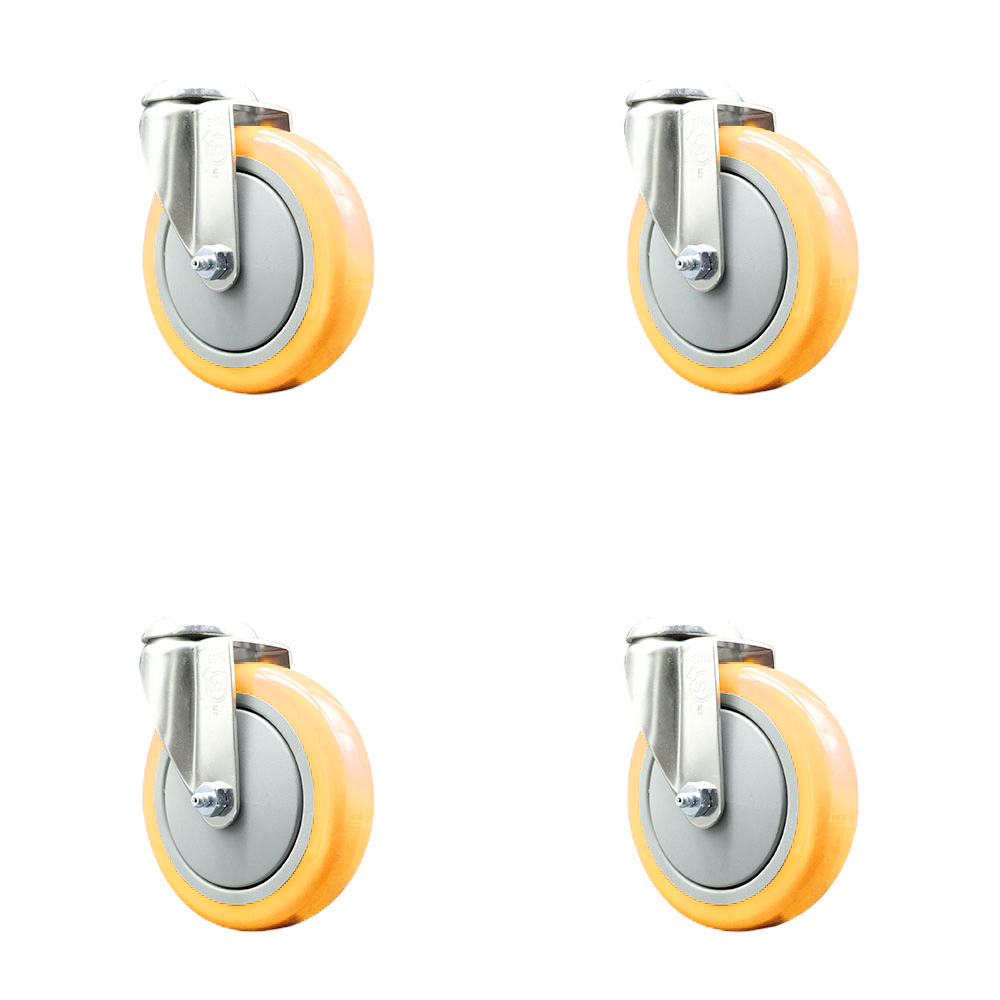 Polyurethane Swivel Bolt Hole Caster Set of 4 with 5 Inch Yellow Caster Wheels - 316 Stainless Steel Casters - Includes 4 Swivel Casters - 1,400 lbs. Total Capacity - Service Caster Brand — photo 1