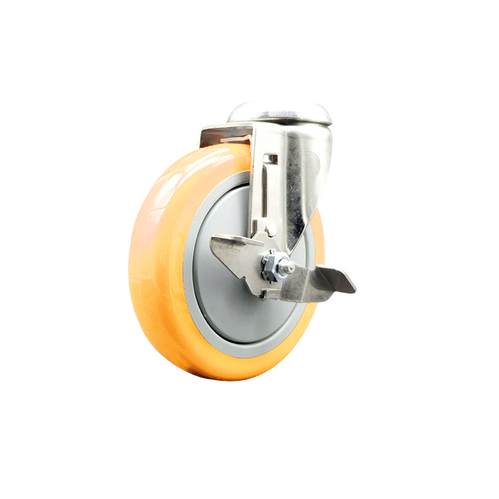 Polyurethane Swivel Bolt Hole Caster with 5 Inch Yellow Caster Wheel and Top Lock Brake - 316 Stainless Steel Caster - 350 lbs. Capacity Per Caster - Service Caster Brand — photo 1