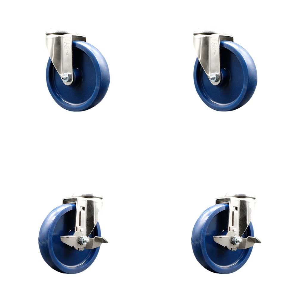 Solid Polyurethane Swivel Bolt Hole Caster Set of 4 with 5 Inch Blue Caster Wheels - 316 Stainless Steel Casters - Includes 2 Swivel with Top Lock Brakes and 2 Swivel - Service Caster Brand — photo 1