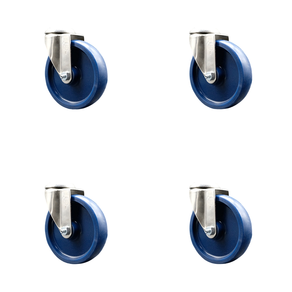 Solid Polyurethane Swivel Bolt Hole Caster Set of 4 with 5 Inch Blue Caster Wheels - 316 Stainless Steel Casters - Includes 4 Swivel Casters - 1,200 lbs. Total Capacity - Service Caster Brand — photo 1