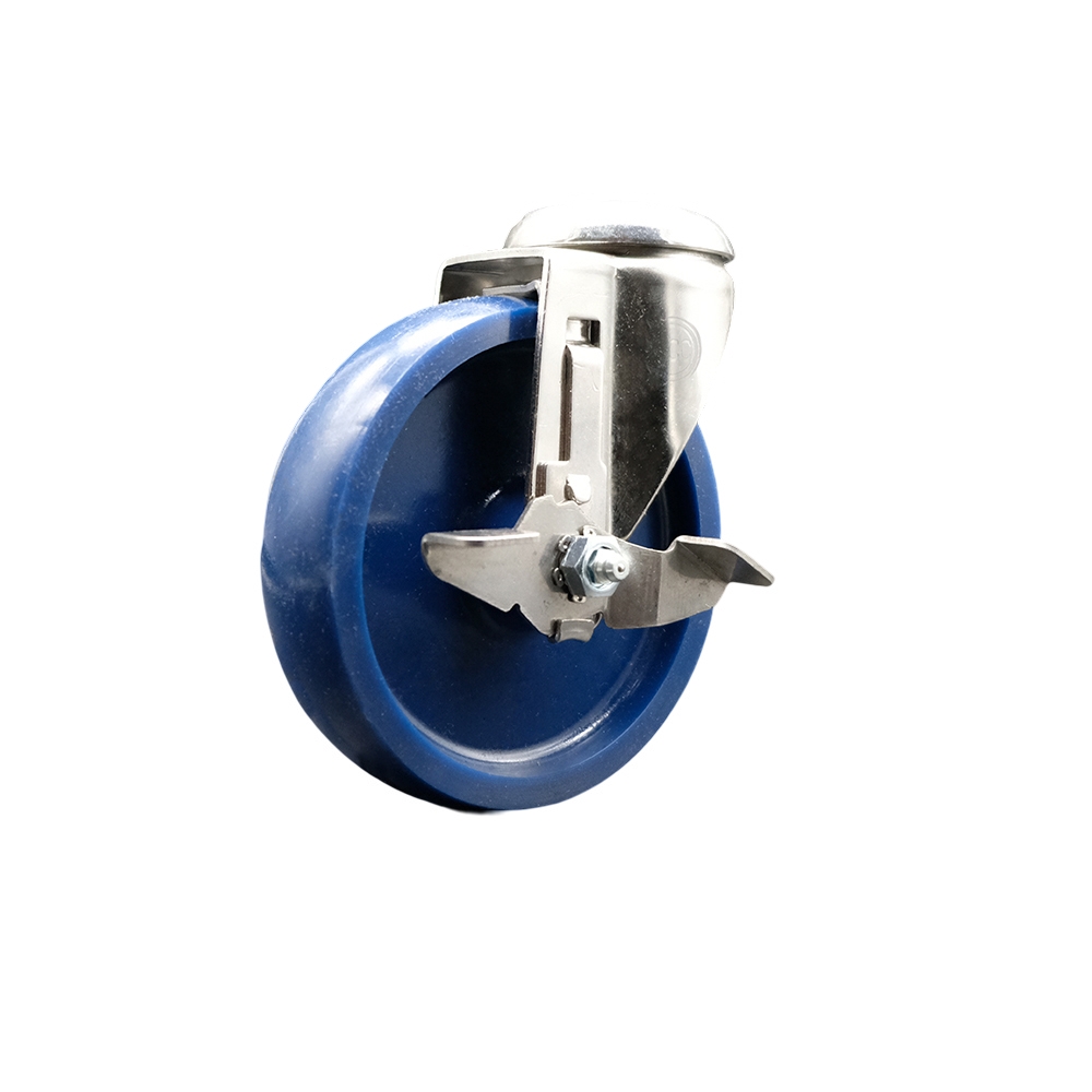 Solid Polyurethane Swivel Bolt Hole Caster with 5 Inch Blue Caster Wheel and Top Lock Brake - 316 Stainless Steel Caster - 300 lbs. Capacity Per Caster - Service Caster Brand — photo 1