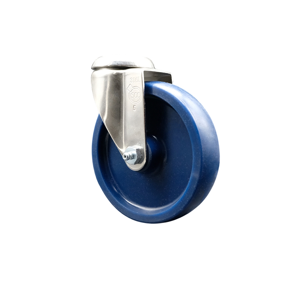 Solid Polyurethane Swivel Bolt Hole Caster with 5 Inch Blue Caster Wheel - 316 Stainless Steel Caster - 300 lbs. Capacity Per Caster - Service Caster Brand — photo 1