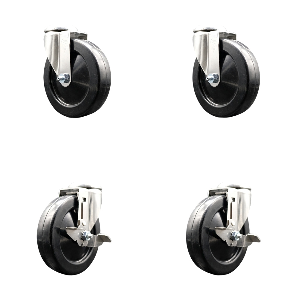 Soft Rubber Swivel Bolt Hole Caster Set of 4 with 5 Inch Black Caster Wheels - 316 Stainless Steel Casters - Includes 2 Swivel with Top Lock Brakes and 2 Swivel - Service Caster Brand — photo 1