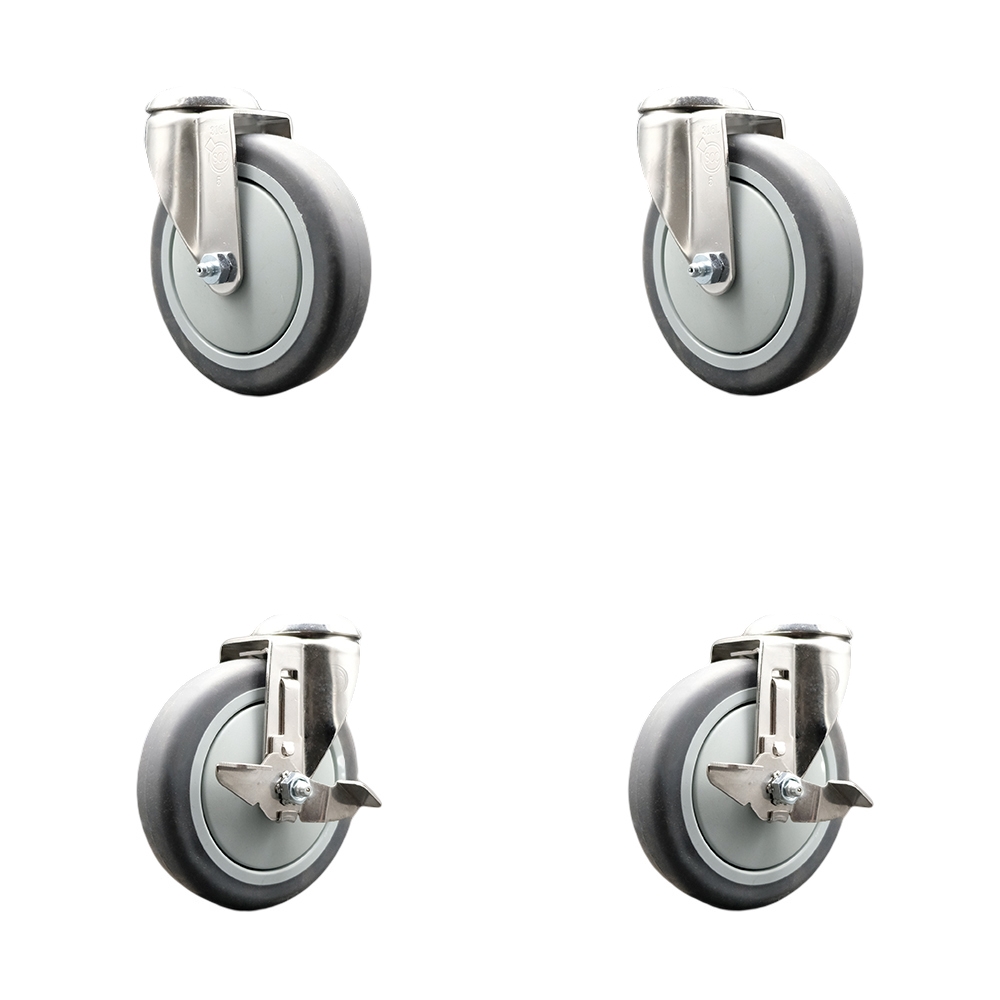 Thermoplastic Rubber Swivel Bolt Hole Caster Set of 4 with 5 Inch Gray Caster Wheels - 316 Stainless Steel Casters - Includes 2 Swivel with Top Lock Brakes and 2 Swivel - Service Caster Brand — photo 1