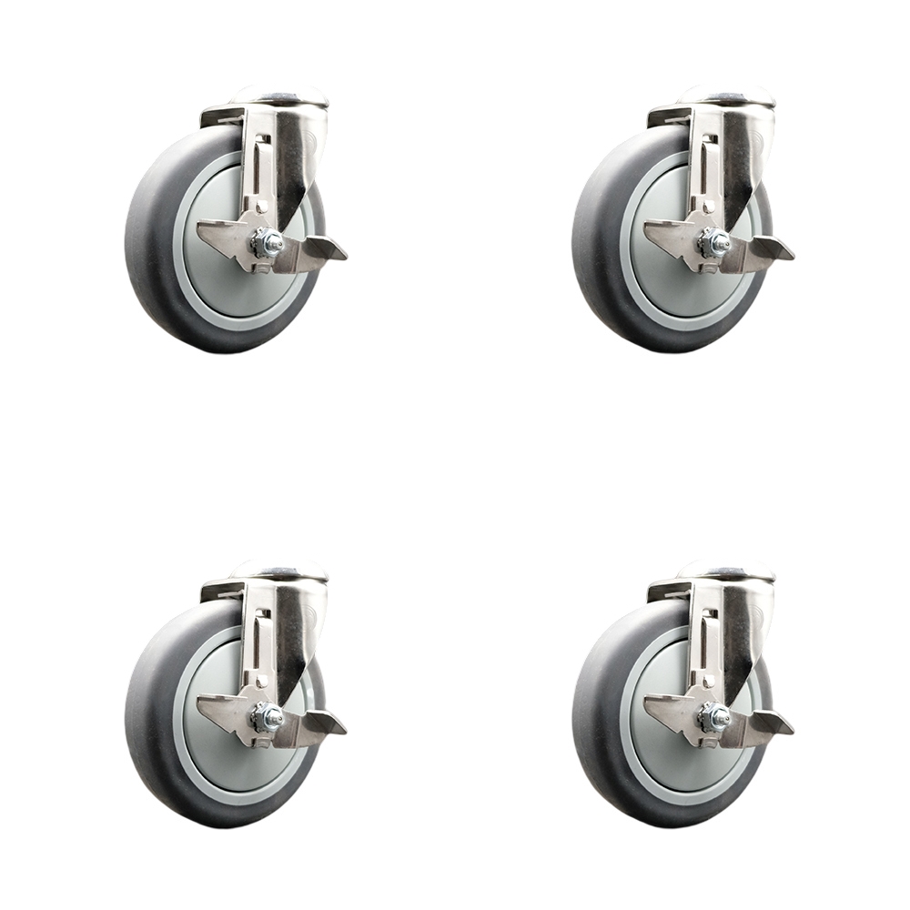 Thermoplastic Rubber Swivel Bolt Hole Caster Set of 4 with 5 Inch Caster Wheels-316 Stainless Steel Casters-Includes 4 Swivel Casters with Top Lock Brakes-1,200lbs. Total Capacity-Service Caster Brand — photo 1