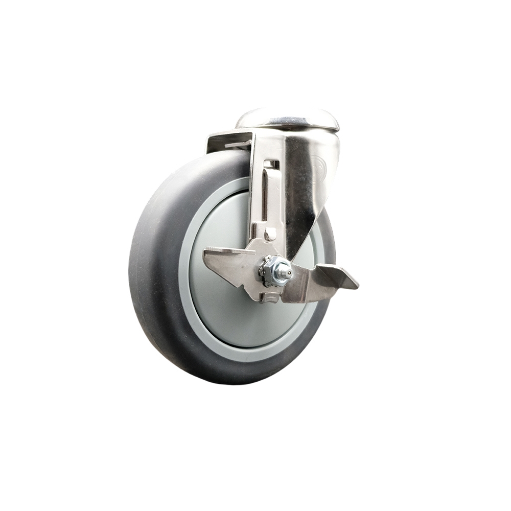 Thermoplastic Rubber Swivel Bolt Hole Caster with 5 Inch Gray Caster Wheel and Top Lock Brake - 316 Stainless Steel Caster - 300 lbs. Capacity Per Caster - Service Caster Brand — photo 1