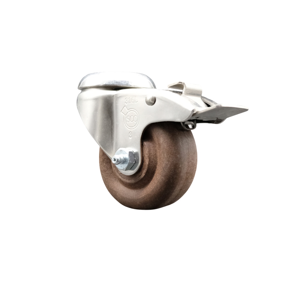 High Temperature Glass Filled Nylon Swivel Bolt Hole Caster with 3.5 Inch Brown Caster Wheel and Total Lock Brake - 316 Stainless Steel Caster - 350 lbs. Capacity Per Caster - Service Caster Brand — photo 1