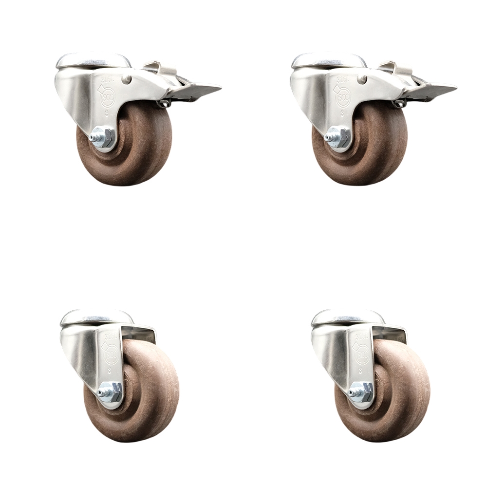 High Temp Glass Filled Nylon Swivel Bolt Hole Caster Set of 4 with 3.5 Inch Brown Caster Wheels - 316 Stainless Steel Casters-Includes 2 Swivel with Total Lock Brakes and 2 Swivel-Service Caster Brand — photo 1