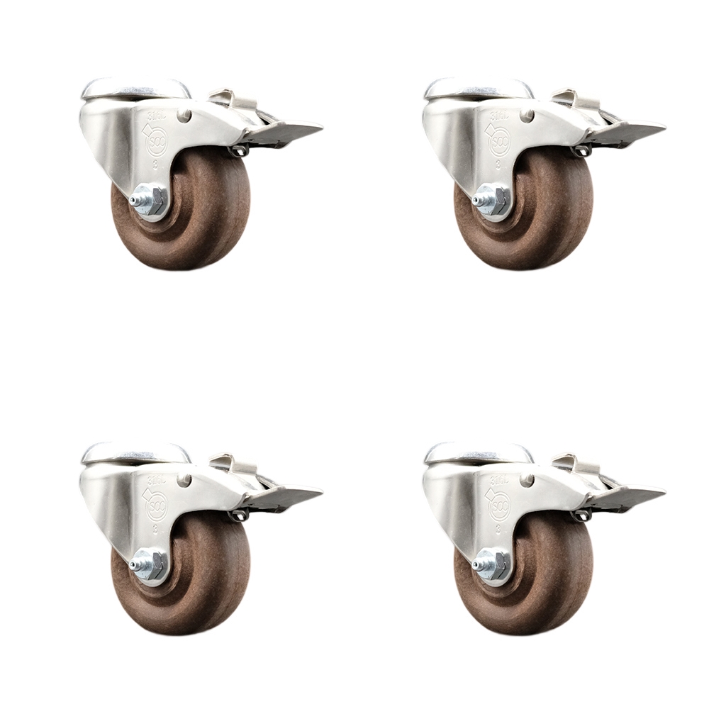 High Temp Glass Filled Nylon Swivel Bolt Hole Caster Set of 4 with 3 Inch Brown Caster Wheels - 316 Stainless Steel Casters - Includes 4 Swivel Casters with Total Lock Brakes - Service Caster Brand — photo 1