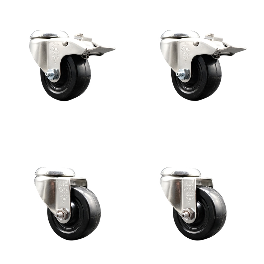 Hard Rubber Swivel Bolt Hole Caster Set of 4 with 3 Inch Black Caster Wheels - 316 Stainless Steel Casters - Includes 2 Swivel with Total Lock Brakes and 2 Swivel - Service Caster Brand — photo 1