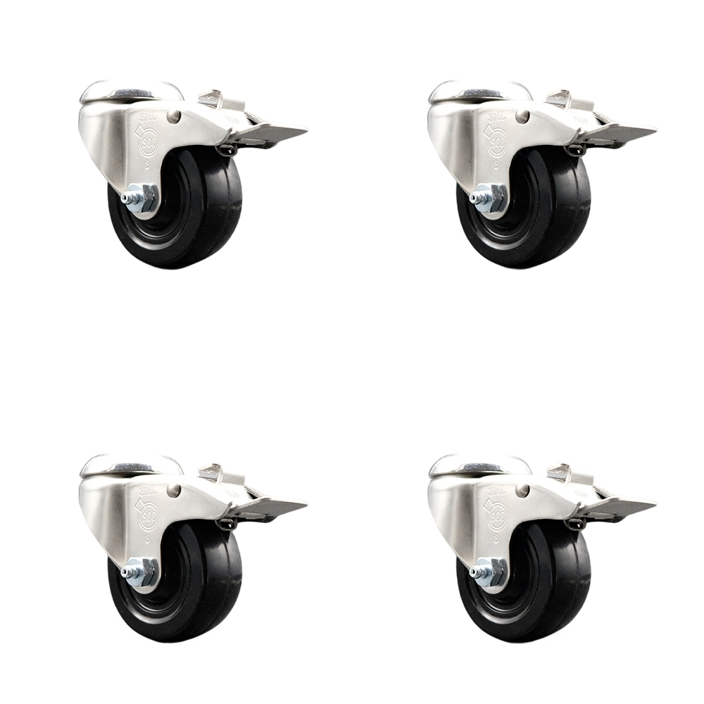 Hard Rubber Swivel Bolt Hole Caster Set of 4 with 3.5 Inch Black Caster Wheels-316 Stainless Steel Casters-Includes 4 Swivel Casters with Total Lock Brake-1,140lbs. Total Capacity-Service Caster Brand — photo 1