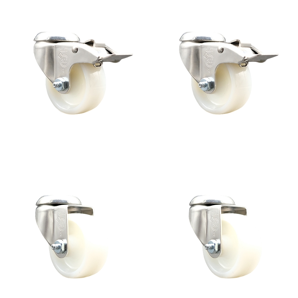 Nylon Swivel Bolt Hole Caster Set of 4 with 3 Inch White Caster Wheels - 316 Stainless Steel Casters - Includes 2 Swivel with Total Lock Brakes and 2 Swivel - Service Caster Brand — photo 1