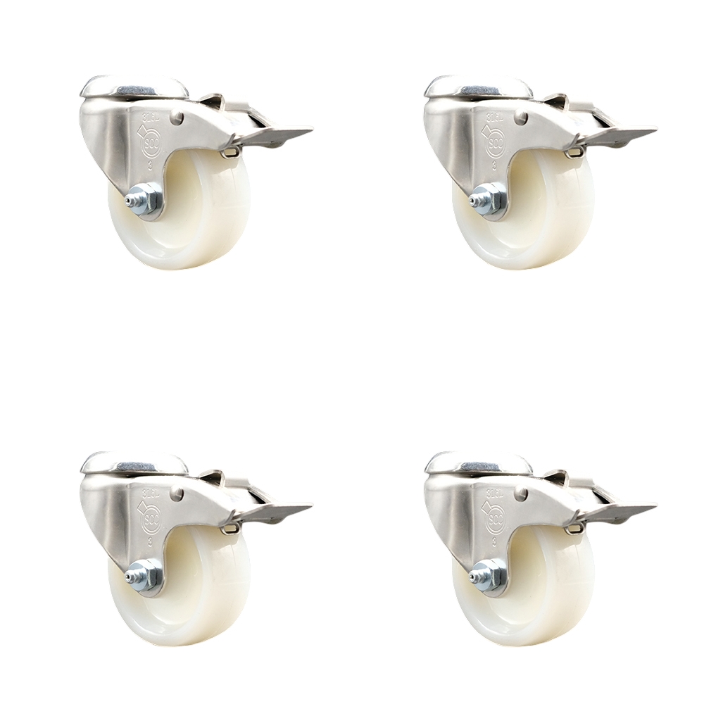 Nylon Swivel Bolt Hole Caster Set of 4 with 3 Inch White Caster Wheels-316 Stainless Steel Casters - Includes 4 Swivel Casters with Total Lock Brakes - 1,200 lbs. Total Capacity - Service Caster Brand — photo 1