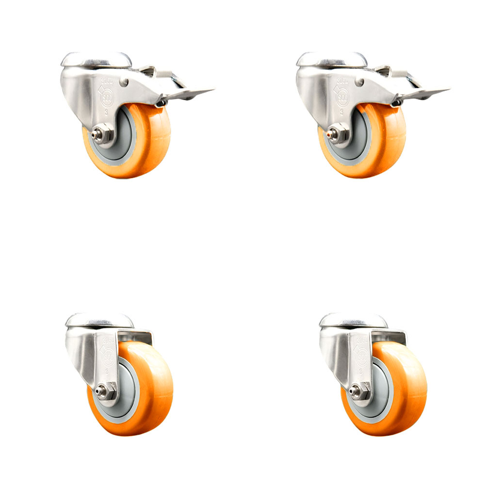 Polyurethane Swivel Bolt Hole Caster Set of 4 with 3.5 Inch Orange Caster Wheels - 316 Stainless Steel Casters - Includes 2 Swivel with Total Lock Brakes and 2 Swivel - Service Caster Brand — photo 1