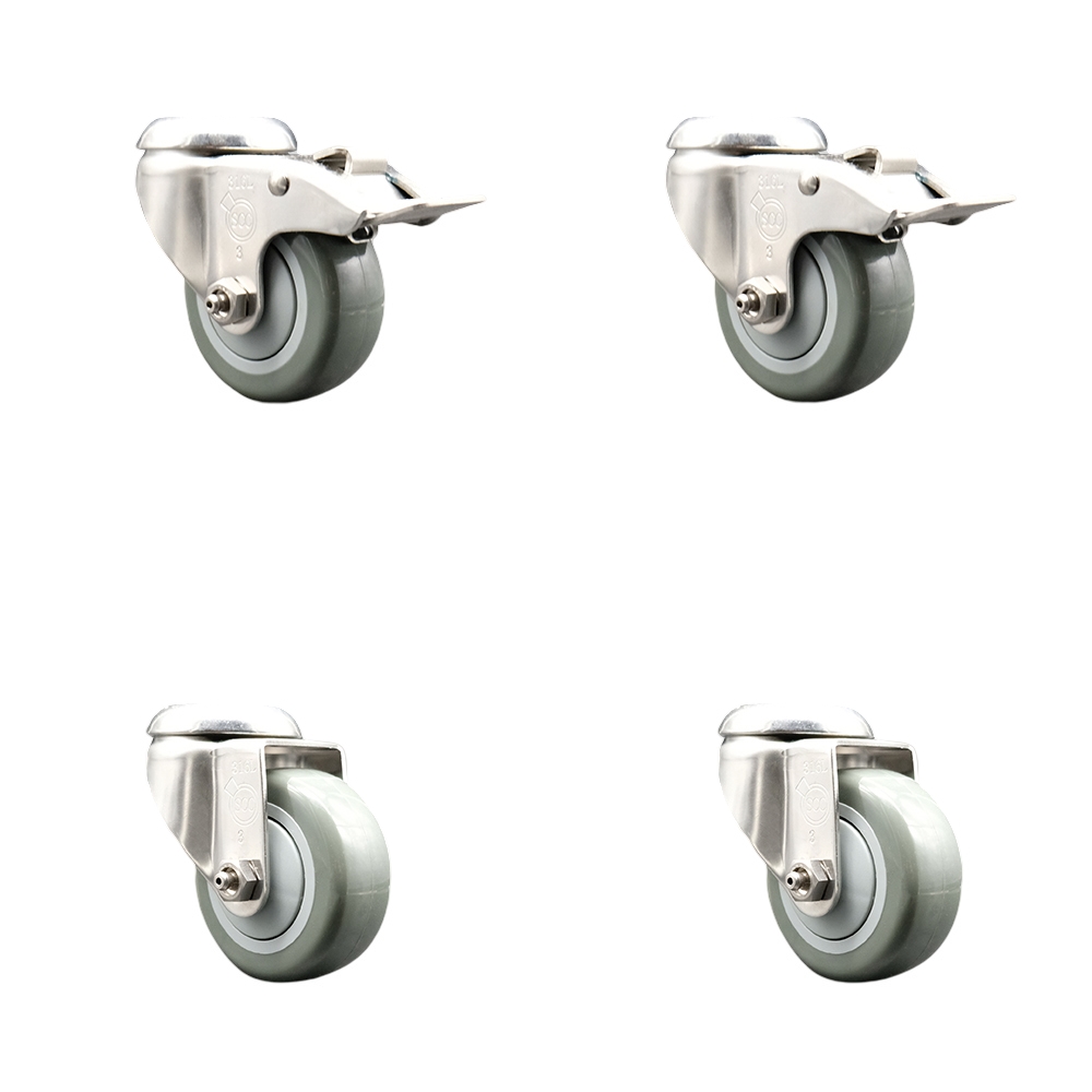 Polyurethane Swivel Bolt Hole Caster Set of 4 with 3.5 Inch Gray Caster Wheels - 316 Stainless Steel Casters - Includes 2 Swivel with Total Lock Brakes and 2 Swivel - Service Caster Brand — photo 1