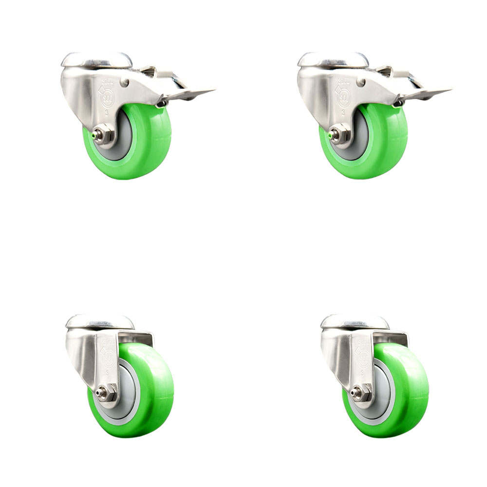 Polyurethane Swivel Bolt Hole Caster Set of 4 with 3.5 Inch Green Caster Wheels - 316 Stainless Steel Casters - Includes 2 Swivel with Total Lock Brakes and 2 Swivel - Service Caster Brand — photo 1