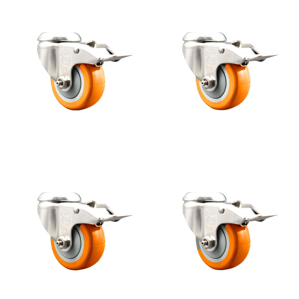 Polyurethane Swivel Bolt Hole Caster Set of 4 with 3.5 Inch Orange Caster Wheels-316 Stainless Steel Caster-Include 4 Swivel Casters with Total Lock Brake-1,200lbs. Total Capacity-Service Caster Brand — photo 1