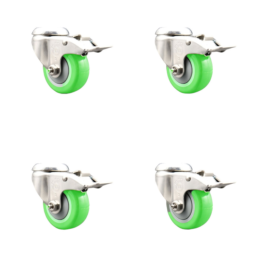 Polyurethane Swivel Bolt Hole Caster Set of 4 with 3.5 Inch Green Caster Wheels-316 Stainless Steel Caster- Include 4 Swivel Casters with Total Lock Brake-1,200lbs. Total Capacity-Service Caster Brand — photo 1