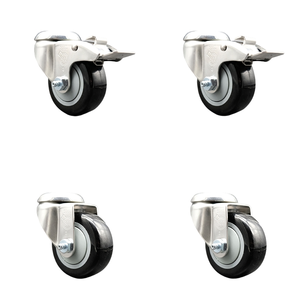 Polyurethane Swivel Bolt Hole Caster Set of 4 with 3 Inch Black Caster Wheels - 316 Stainless Steel Casters - Includes 2 Swivel with Total Lock Brakes and 2 Swivel - Service Caster Brand — photo 1