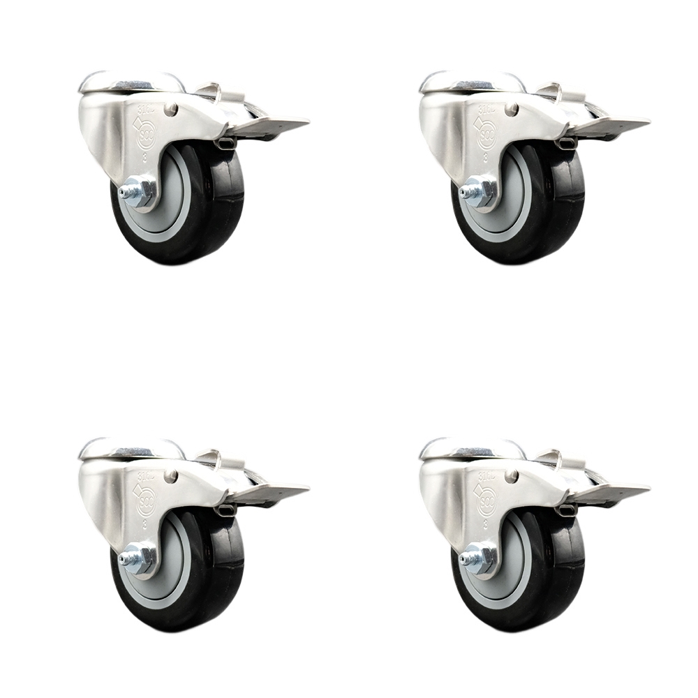 Polyurethane Swivel Bolt Hole Caster Set of 4 with 3 Inch Black Caster Wheels-316 Stainless Steel Caster- Includes 4 Swivel Casters with Total Lock Brake-1,200 lbs. Total Capacity-Service Caster Brand — photo 1
