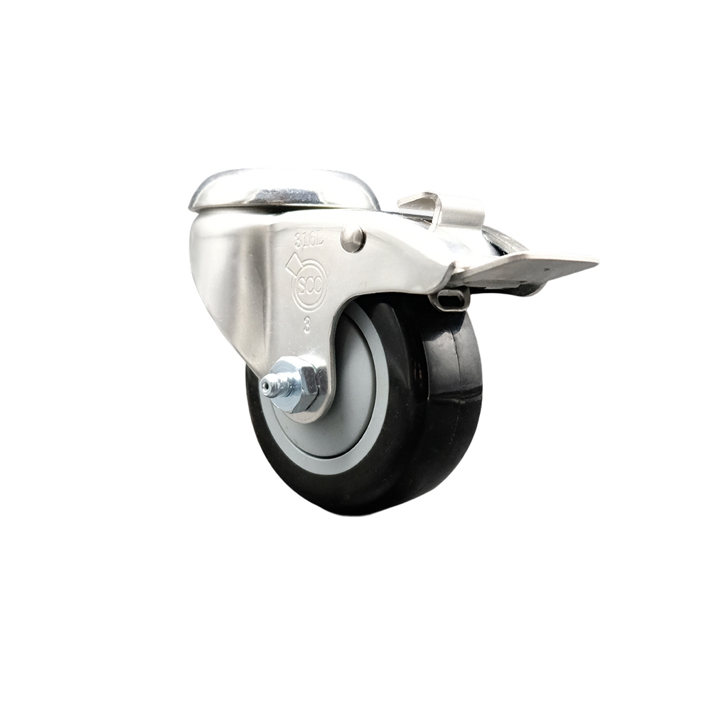 Polyurethane Swivel Bolt Hole Caster with 3 Inch Black Caster Wheel and Total Lock Brake - 316 Stainless Steel Caster - 300 lbs. Capacity Per Caster - Service Caster Brand — photo 1