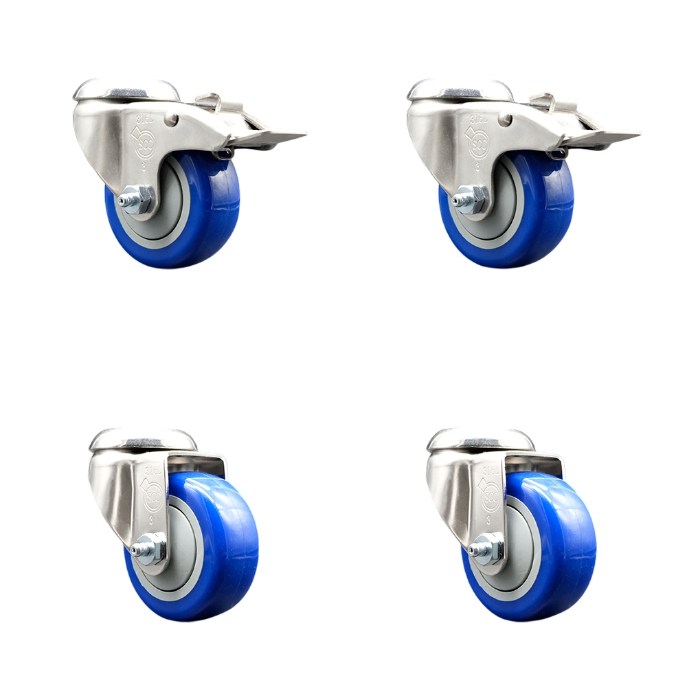 Polyurethane Swivel Bolt Hole Caster Set of 4 with 3.5 Inch Blue Caster Wheels - 316 Stainless Steel Casters - Includes 2 Swivel with Total Lock Brakes and 2 Swivel - Service Caster Brand — photo 1