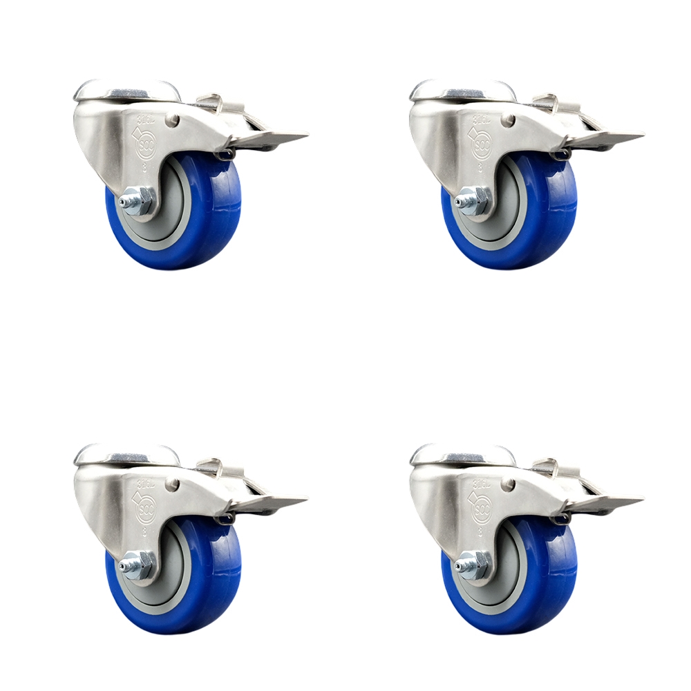 Polyurethane Swivel Bolt Hole Caster Set of 4 with 3.5 Inch Blue Caster Wheels-316 Stainless Steel Caster- Include 4 Swivel Casters with Total Lock Brake-1,200lbs. Total Capacity-Service Caster Brand — photo 1