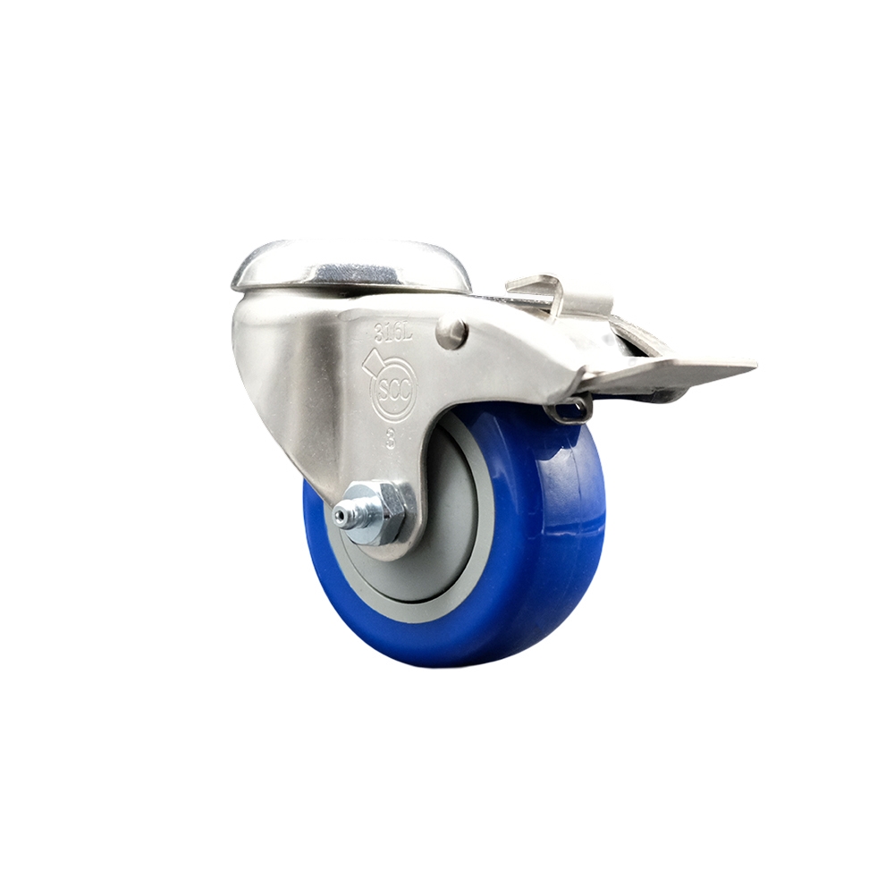 Polyurethane Swivel Bolt Hole Caster with 3.5 Inch Blue Caster Wheel and Total Lock Brake - 316 Stainless Steel Caster - 300 lbs. Capacity Per Caster - Service Caster Brand — photo 1