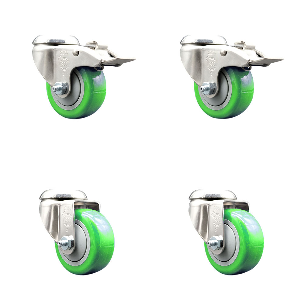 Polyurethane Swivel Bolt Hole Caster Set of 4 with 3 Inch Green Caster Wheels - 316 Stainless Steel Casters - Includes 2 Swivel with Total Lock Brakes and 2 Swivel - Service Caster Brand — photo 1