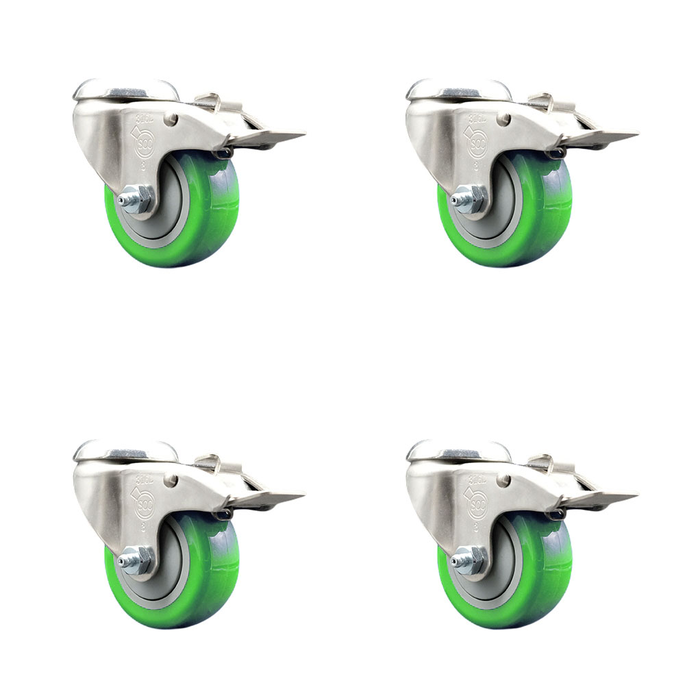 Polyurethane Swivel Bolt Hole Caster Set of 4 with 3 Inch Green Caster Wheels-316 Stainless Steel Caster- Includes 4 Swivel Casters with Total Lock Brake-1,200 lbs. Total Capacity-Service Caster Brand — photo 1