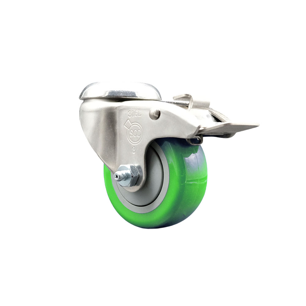 Polyurethane Swivel Bolt Hole Caster with 3 Inch Green Caster Wheel and Total Lock Brake - 316 Stainless Steel Caster - 300 lbs. Capacity Per Caster - Service Caster Brand — photo 1