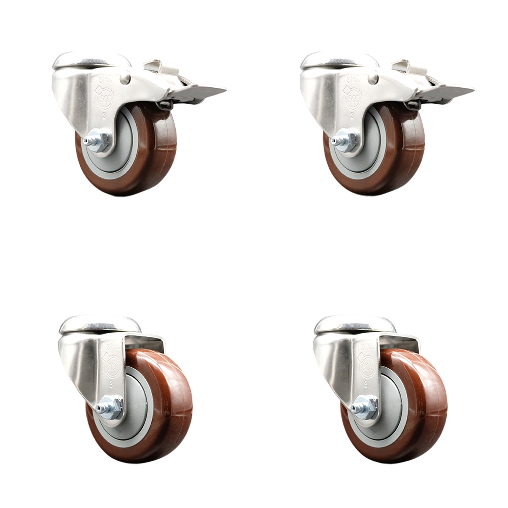 Polyurethane Swivel Bolt Hole Caster Set of 4 with 3 Inch Maroon Caster Wheels - 316 Stainless Steel Casters - Includes 2 Swivel with Total Lock Brakes and 2 Swivel - Service Caster Brand — photo 1