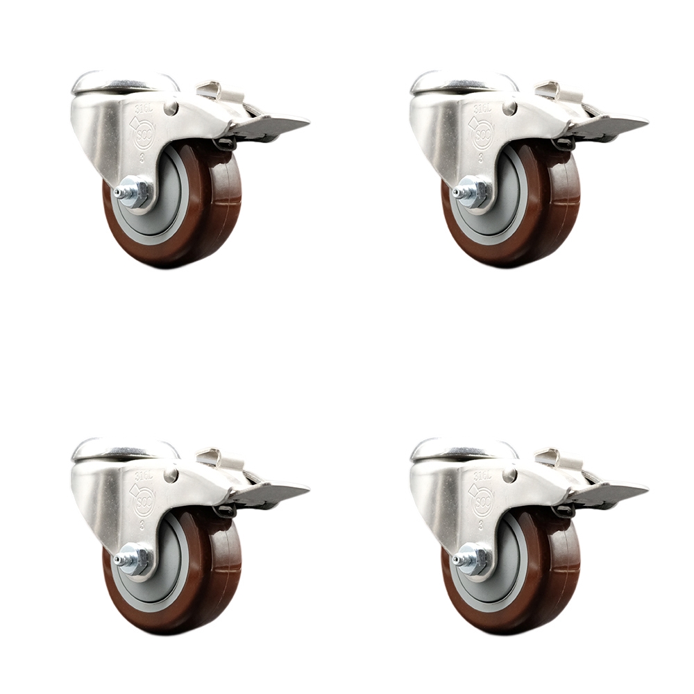 Polyurethane Swivel Bolt Hole Caster Set of 4 with 3 Inch Maroon Caster Wheels-316 Stainless Steel Caster- Includes 4 Swivel Casters with Total Lock Brake-1,200lbs. Total Capacity-Service Caster Brand — photo 1