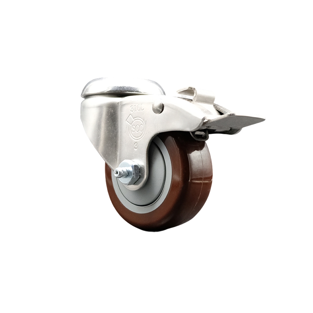 Polyurethane Swivel Bolt Hole Caster with 3.5 Inch Maroon Caster Wheel and Total Lock Brake - 316 Stainless Steel Caster - 300 lbs. Capacity Per Caster - Service Caster Brand — photo 1