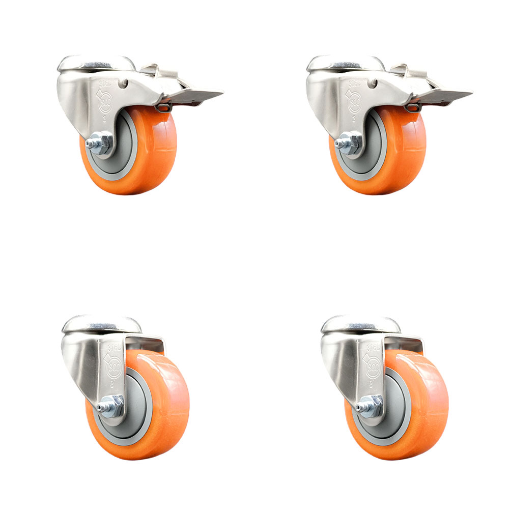 Polyurethane Swivel Bolt Hole Caster Set of 4 with 3 Inch Orange Caster Wheels - 316 Stainless Steel Casters - Includes 2 Swivel with Total Lock Brakes and 2 Swivel - Service Caster Brand — photo 1