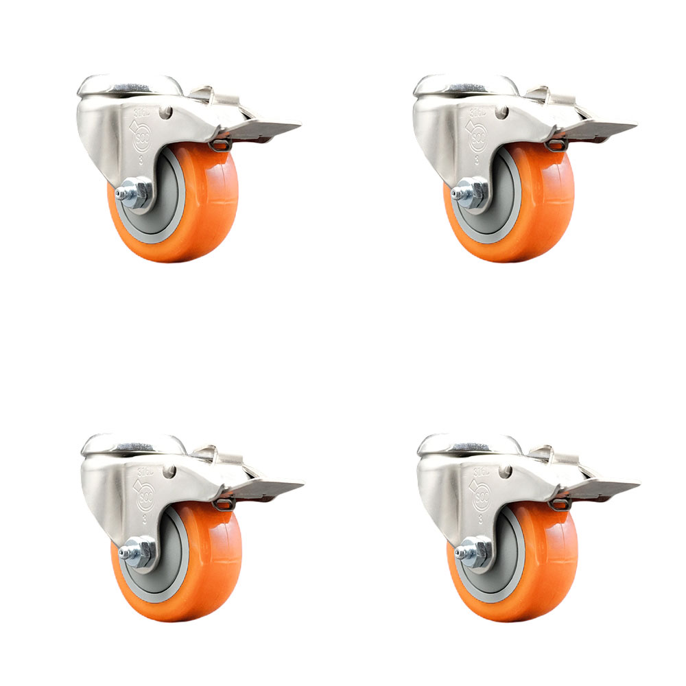 Polyurethane Swivel Bolt Hole Caster Set of 4 with 3 Inch Orange Caster Wheels-316 Stainless Steel Caster- Includes 4 Swivel Casters with Total Lock Brake-1,200lbs. Total Capacity-Service Caster Brand — photo 1