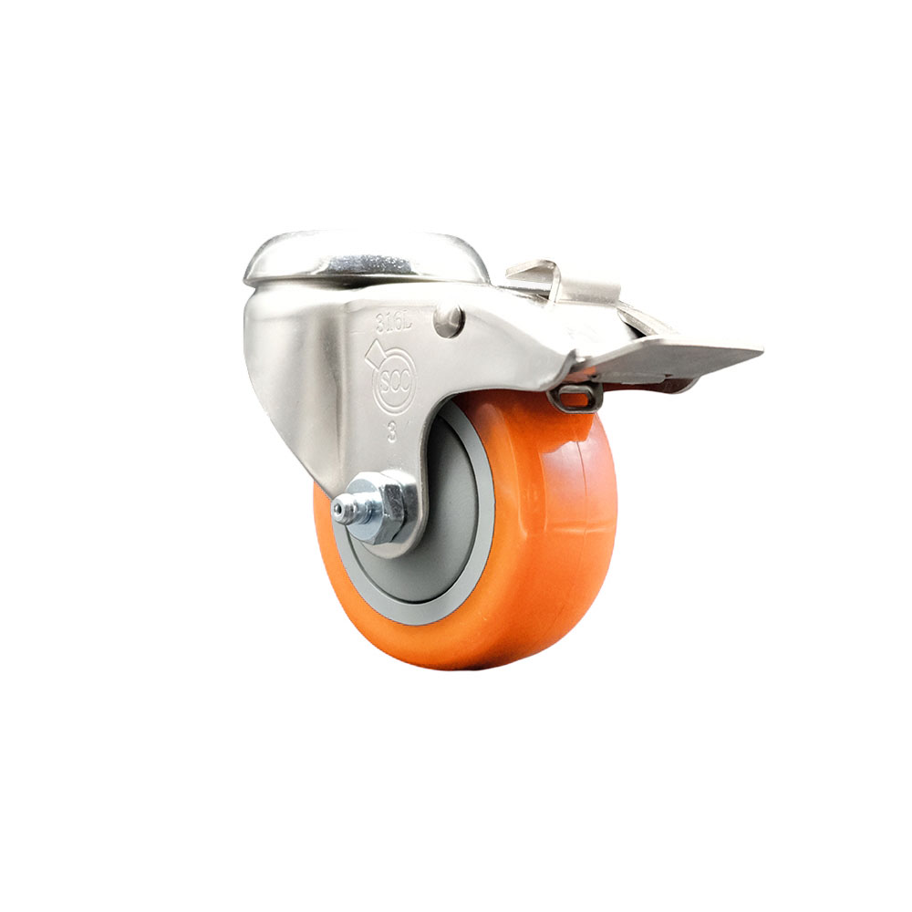 Polyurethane Swivel Bolt Hole Caster with 3 Inch Orange Caster Wheel and Total Lock Brake - 316 Stainless Steel Caster - 300 lbs. Capacity Per Caster - Service Caster Brand — photo 1