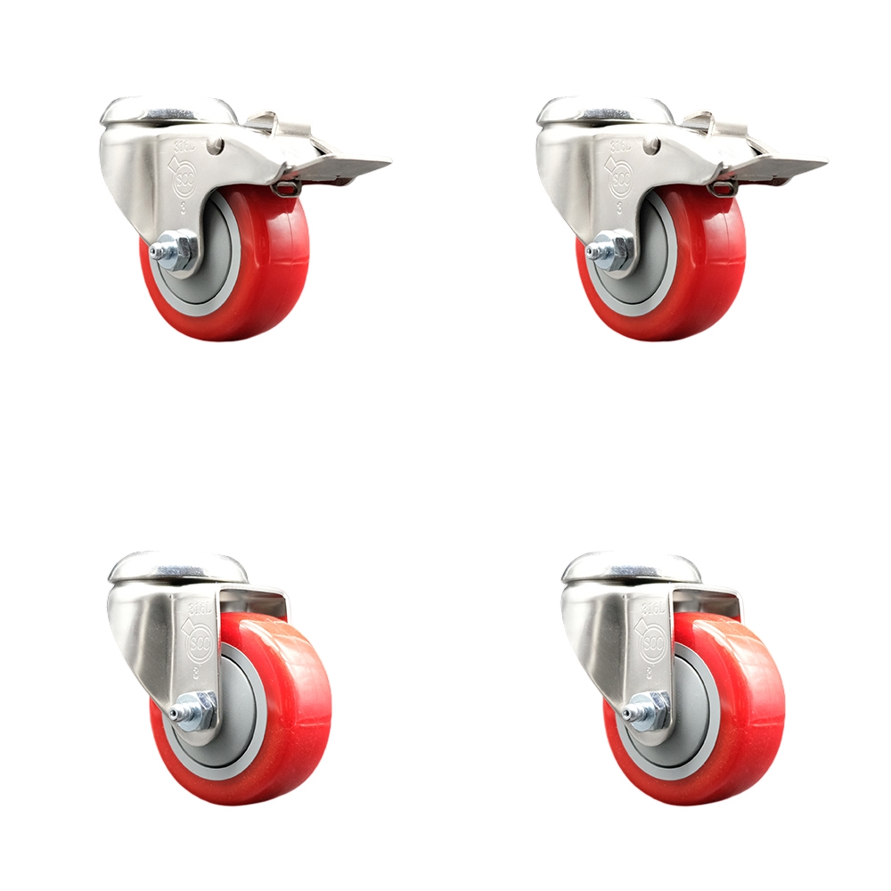 Polyurethane Swivel Bolt Hole Caster Set of 4 with 3 Inch Red Caster Wheels - 316 Stainless Steel Casters - Includes 2 Swivel with Total Lock Brakes and 2 Swivel - Service Caster Brand — photo 1