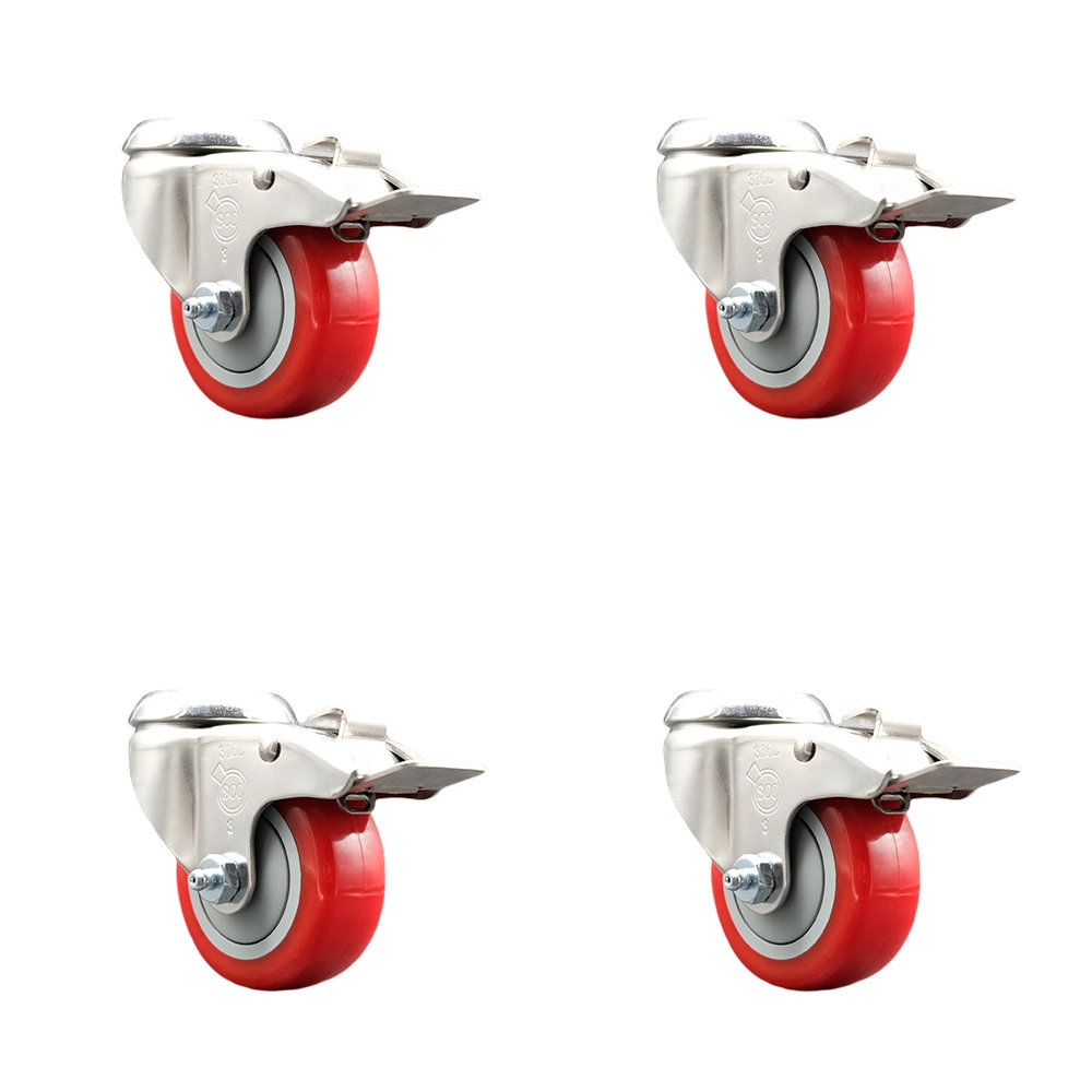 Polyurethane Swivel Bolt Hole Caster Set of 4 with 3.5 Inch Red Caster Wheels-316 Stainless Steel Caster- Include 4 Swivel Casters with Total Lock Brake-1,200lbs. Total Capacity-Service Caster Brand — photo 1